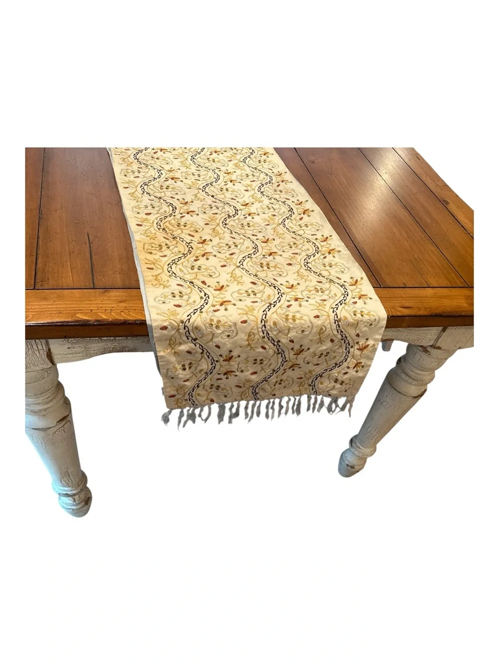 Vintage Banana Republic Embroidered Sequin Fringe Table Runner Cream Multi